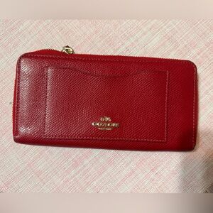 Coach Red Saffiano Leather Zip Wallet with Gold Logo